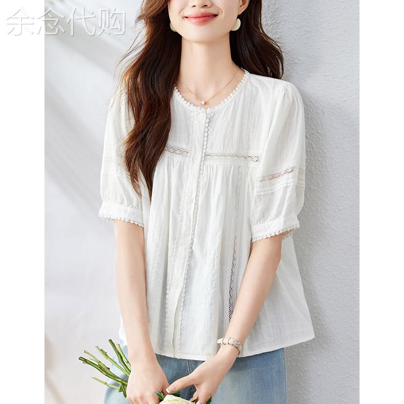 欧洲站法式白色纯棉衬衫女2025新款夏季小个子蕾丝花边泡泡袖上衣