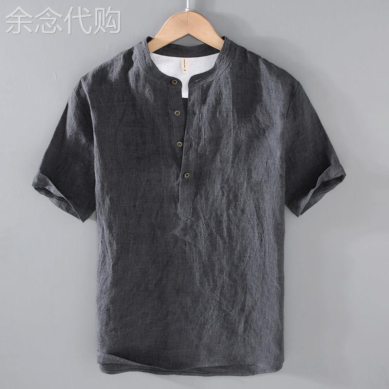 香港夏季亚麻短袖t恤男青年棉麻T恤麻布衣服休闲宽松立领麻料上衣