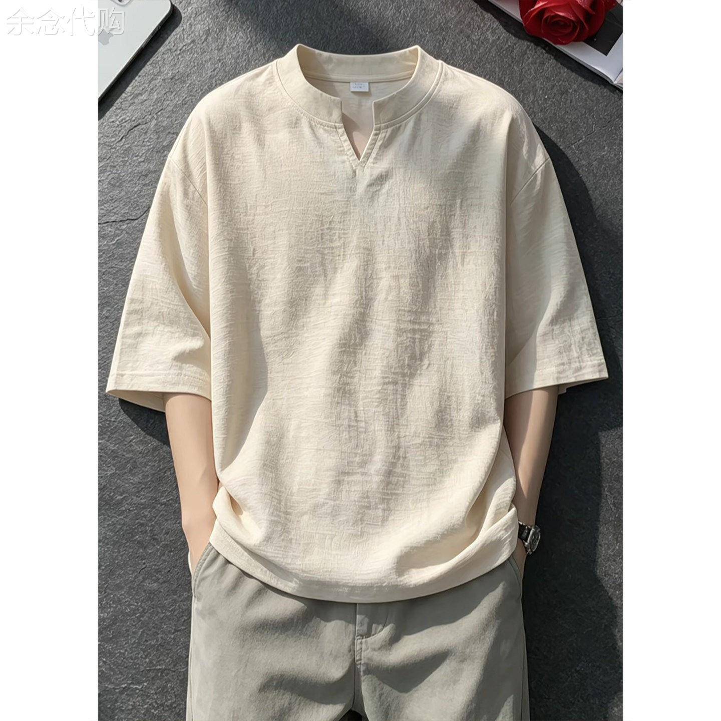 老钱风亚麻V领短袖T恤男款夏季薄款潮牌透气冰丝速干正肩半袖T恤