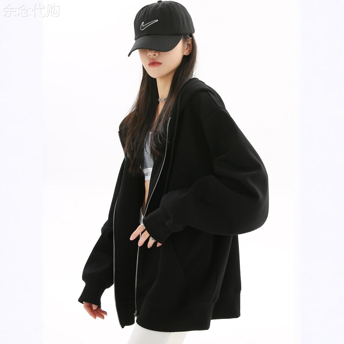 潮牌美式黑色连帽开衫外套女春秋季2025年新款韩版宽松拉炼款上衣