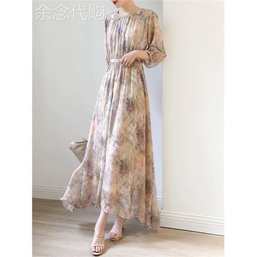 日系轻奢ins浪漫油画风印花桑蚕丝连衣裙夏季薄款法式A字真丝长裙