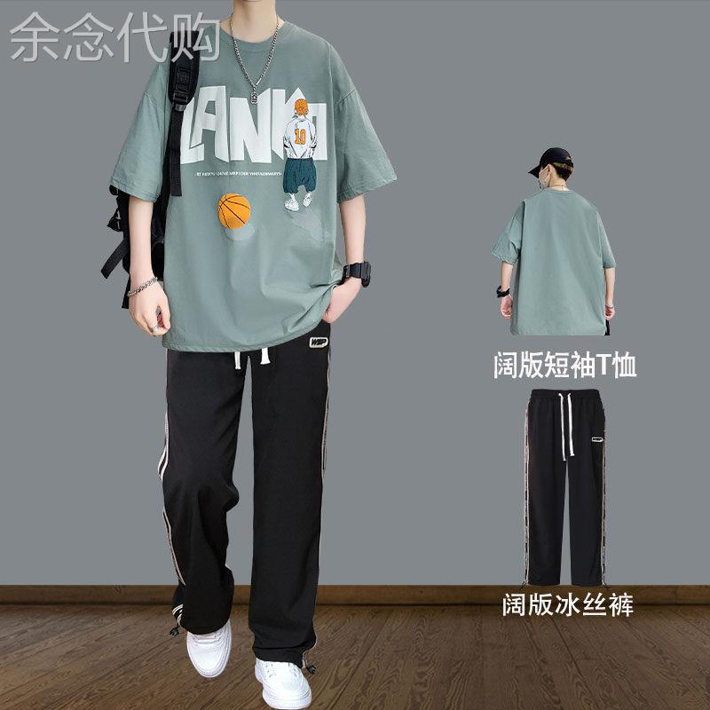 休闲运动套装男夏季潮牌宽松印花纯棉圆领短袖长裤男装穿搭两件套