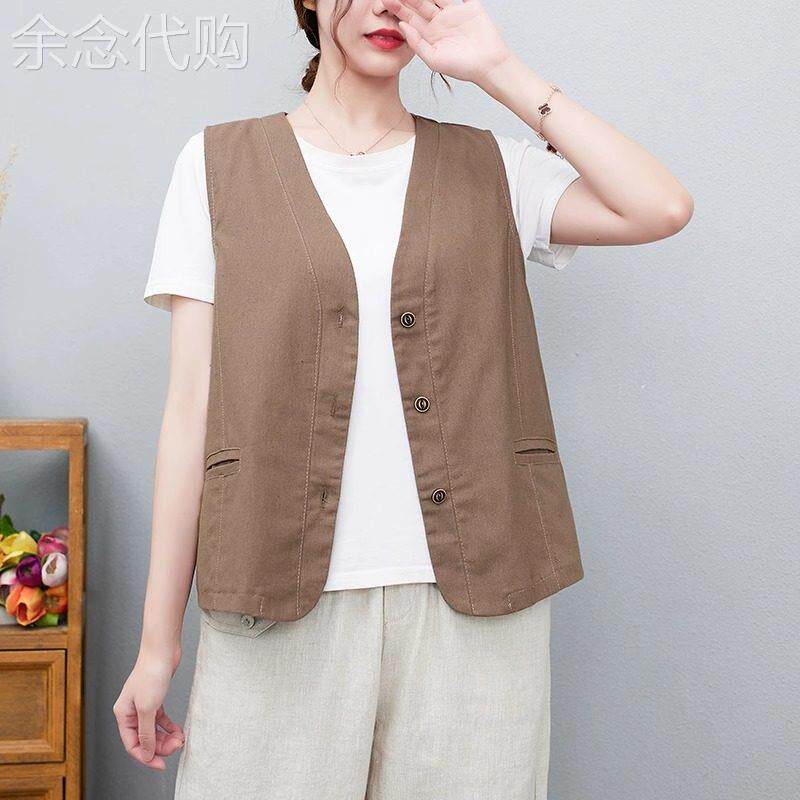 休闲 外搭背心外套女夏新款日系覆古百搭女士V领无袖开 衫背心马