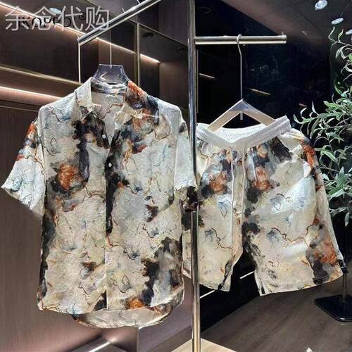 轻奢冰丝衬衣短裤一整套潮流水墨画衬衫男夏季五分裤两件套防晒装