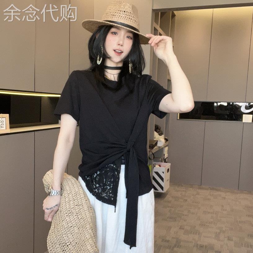韩式系带收腰短袖T恤女2026夏季新款拼蕾丝开叉下摆显瘦上衣欧货