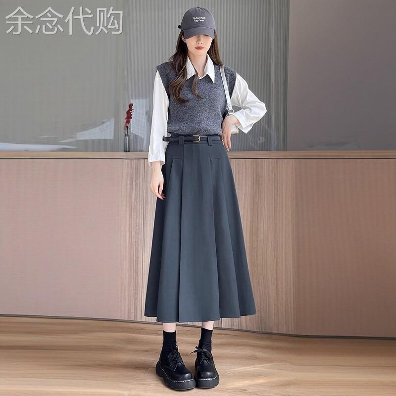 灰色西装半身裙女夏季2026新款高腰垂感显瘦中长版伞裙a字百褶裙