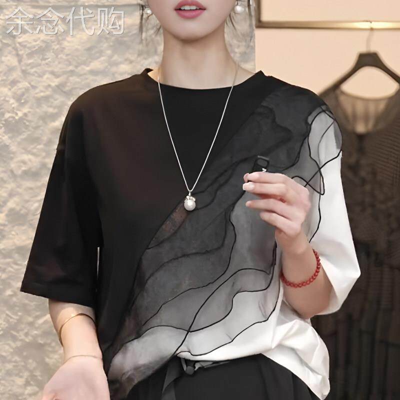 个性小众网纱黑色上衣女2025年夏季新款宽松显瘦遮肉独特短袖上衣