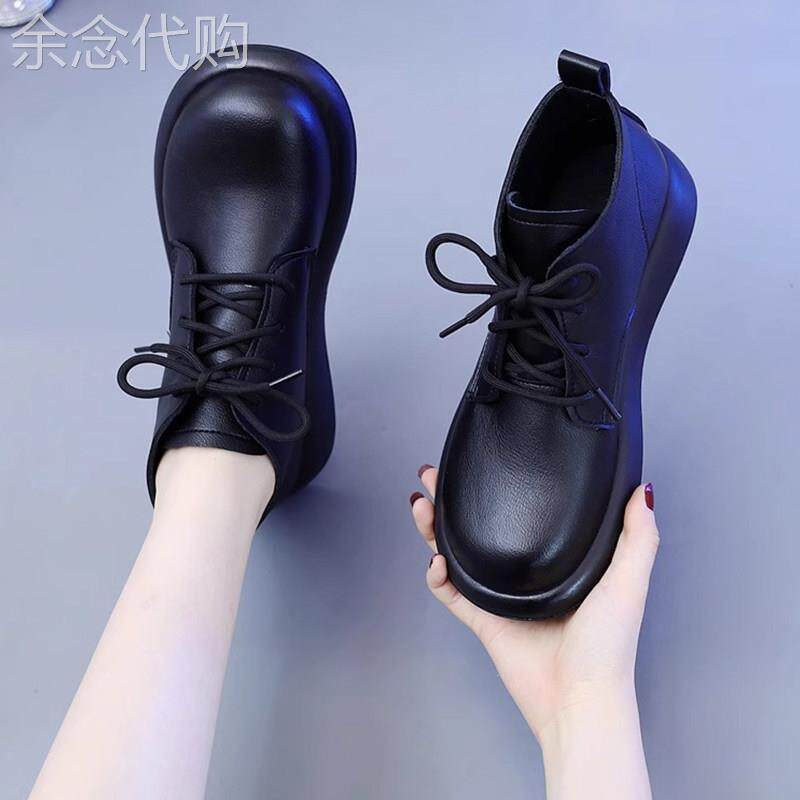 真皮黑色平底短靴女2025年秋季新款百搭系带小皮鞋休闲 软底马丁