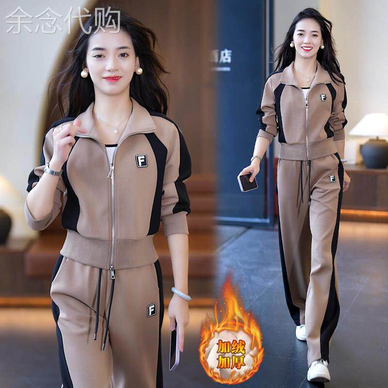 撞色运动服套装女士秋冬2026新款时尚休闲加绒卫衣卫裤减龄两件套