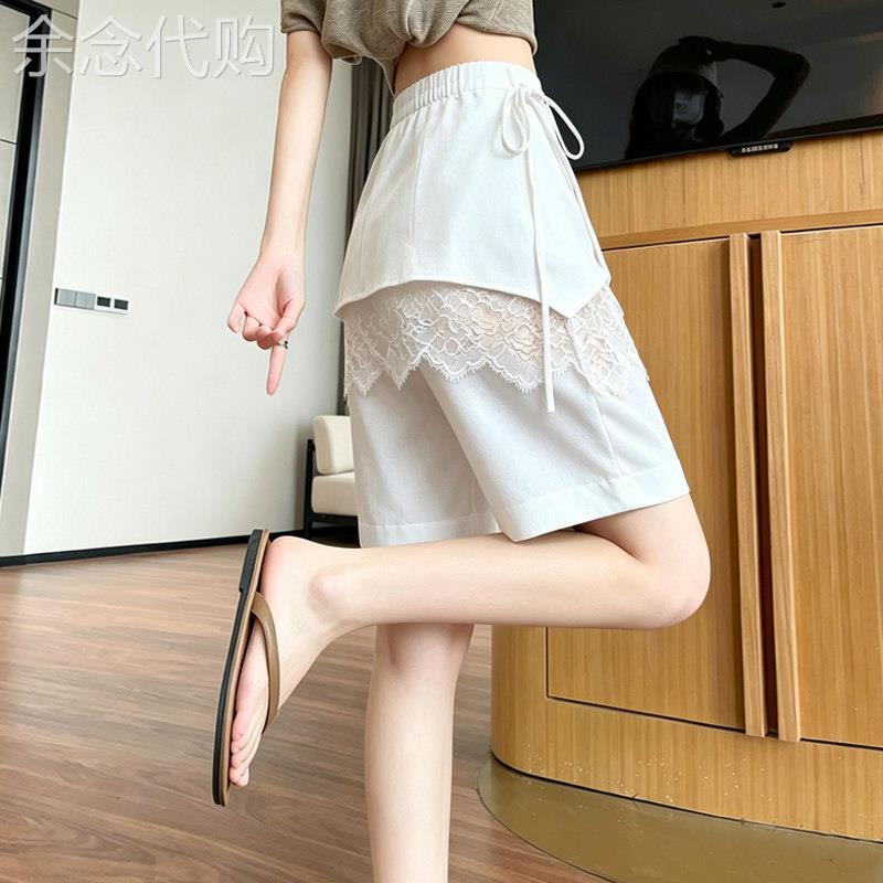 白色蕾丝拼接屁帘中裤女2026夏季新款设计感百搭系带时髦休闲裤子