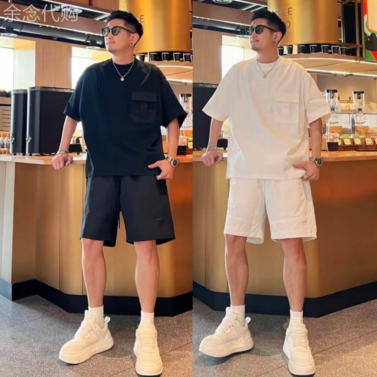 立体贴袋休闲运动套装男夏季时尚精工刺绣圆领短袖T恤短裤两件套