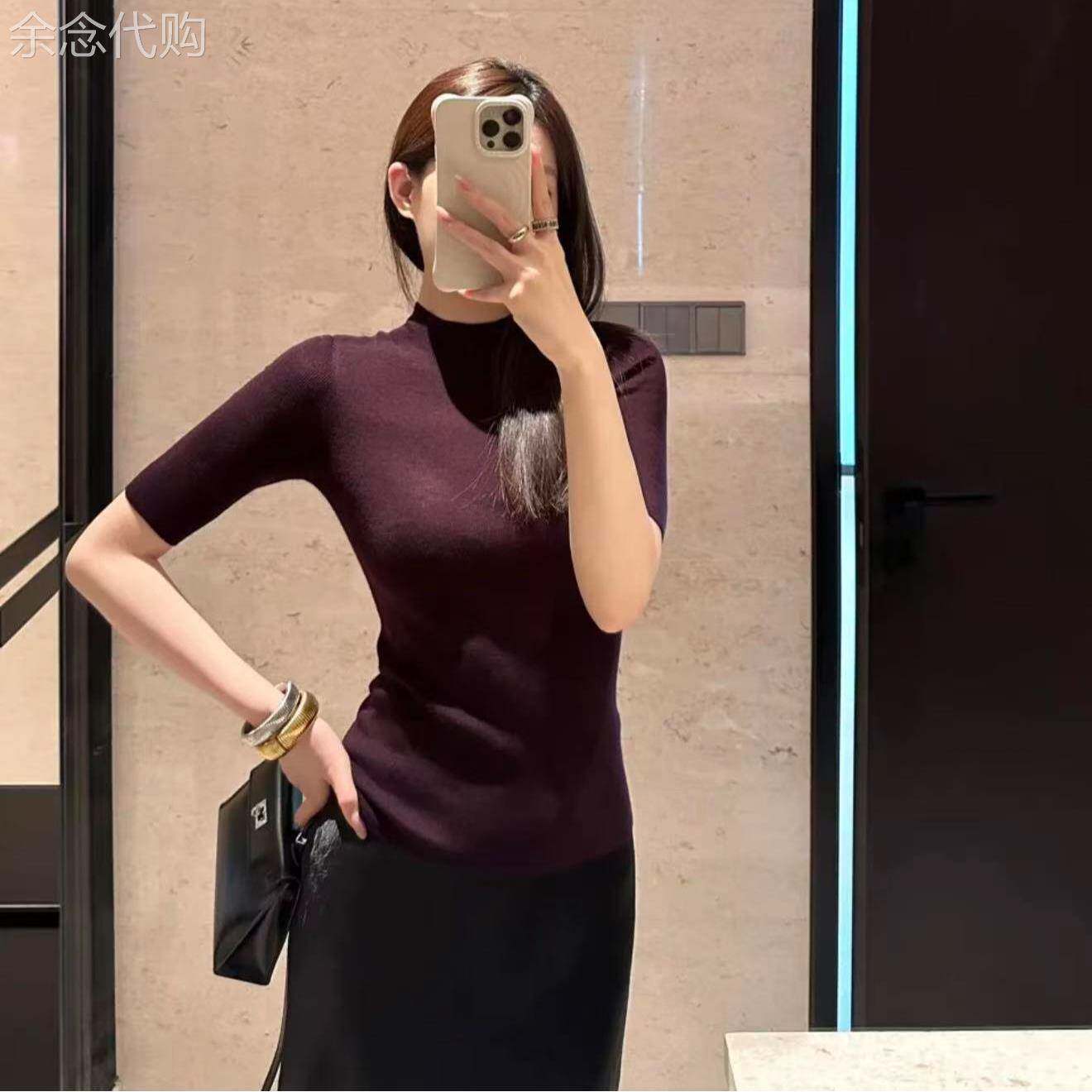 韩版半高领高级感五分袖针织衫女修身显瘦紫色上衣通勤百搭打底衫