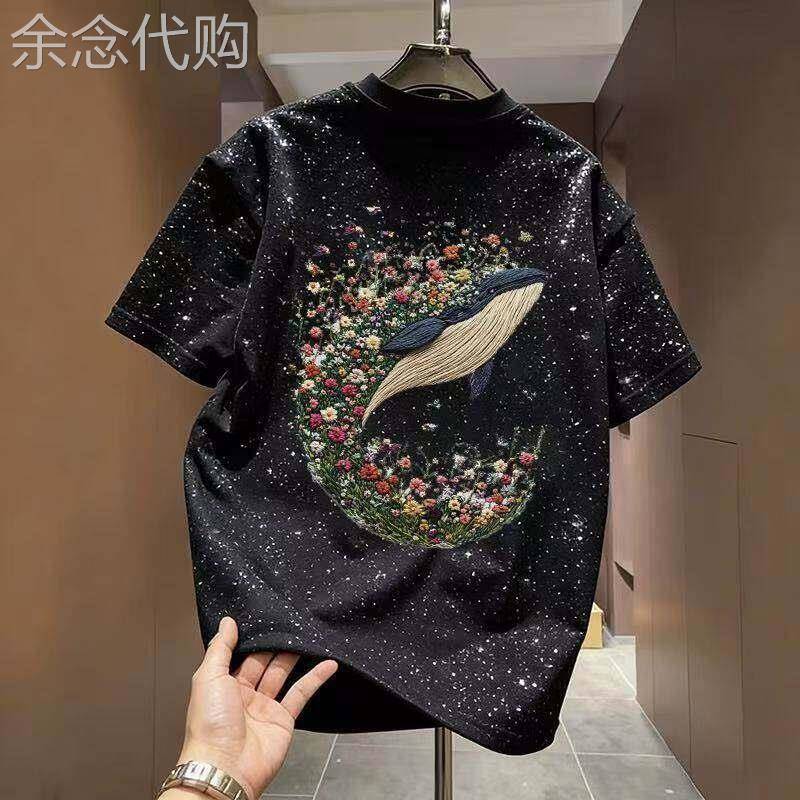 满天星短袖T恤男夏季潮牌宽松印花圆领半袖体恤潮流百搭休闲上衣