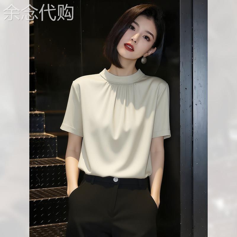 法式别致立领米色短袖衬衫女夏季2026年新款宽松减龄上衣独特衬衫