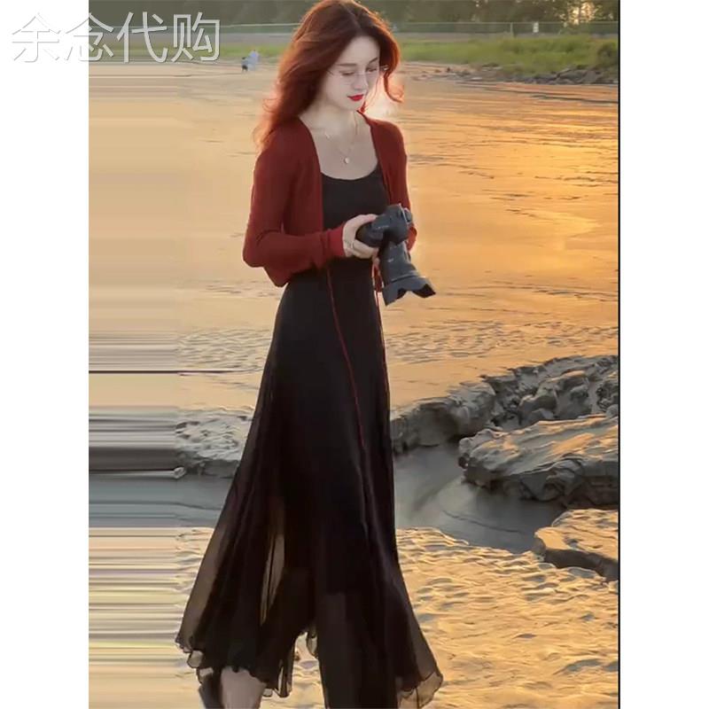 红色针织开衫吊带洋装套装女夏季欧货修身型洋派防晒时尚两件套