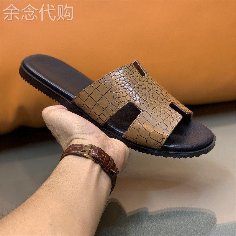 香港真皮拖鞋男一字拖夏季透气新款潮流牛皮拖外穿男士凉鞋舒适