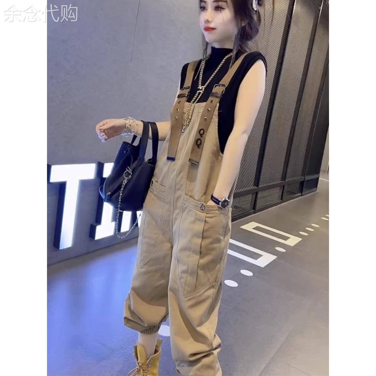 欧货卡其色工装背带裤女2026新款春季高腰遮胯显瘦休闲哈伦阔腿裤
