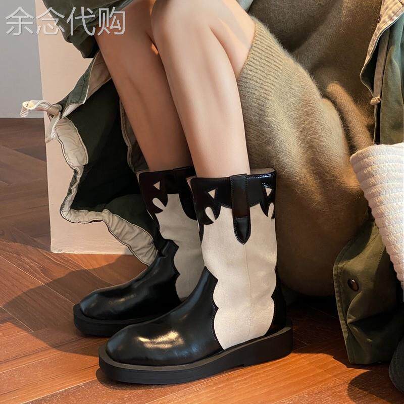 奶牛来啦!时尚网红雕花方头中跟西部靴女V口黑白拼色中筒骑士靴