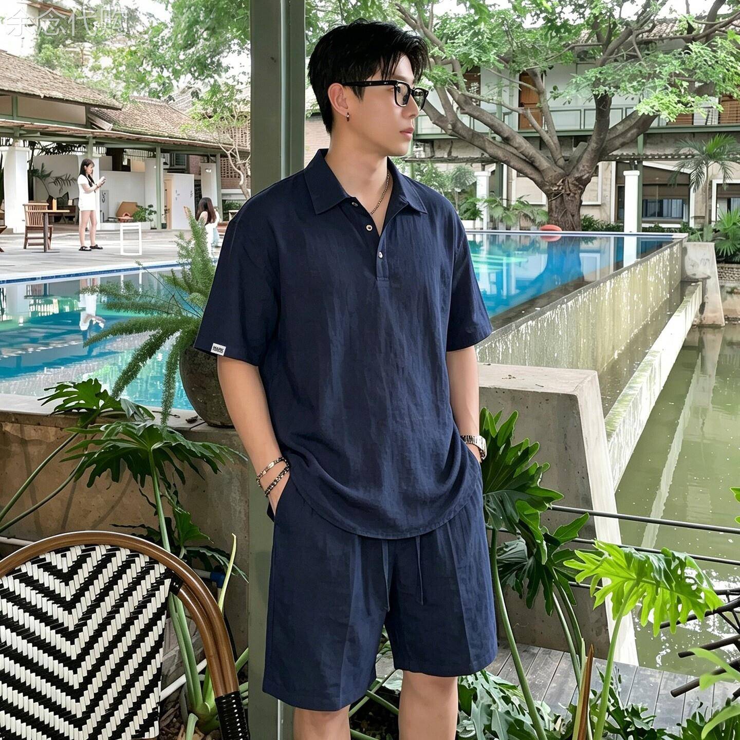潮牌度假风运动短裤两件套男士夏季老钱风宽松休闲短袖polo衫套装