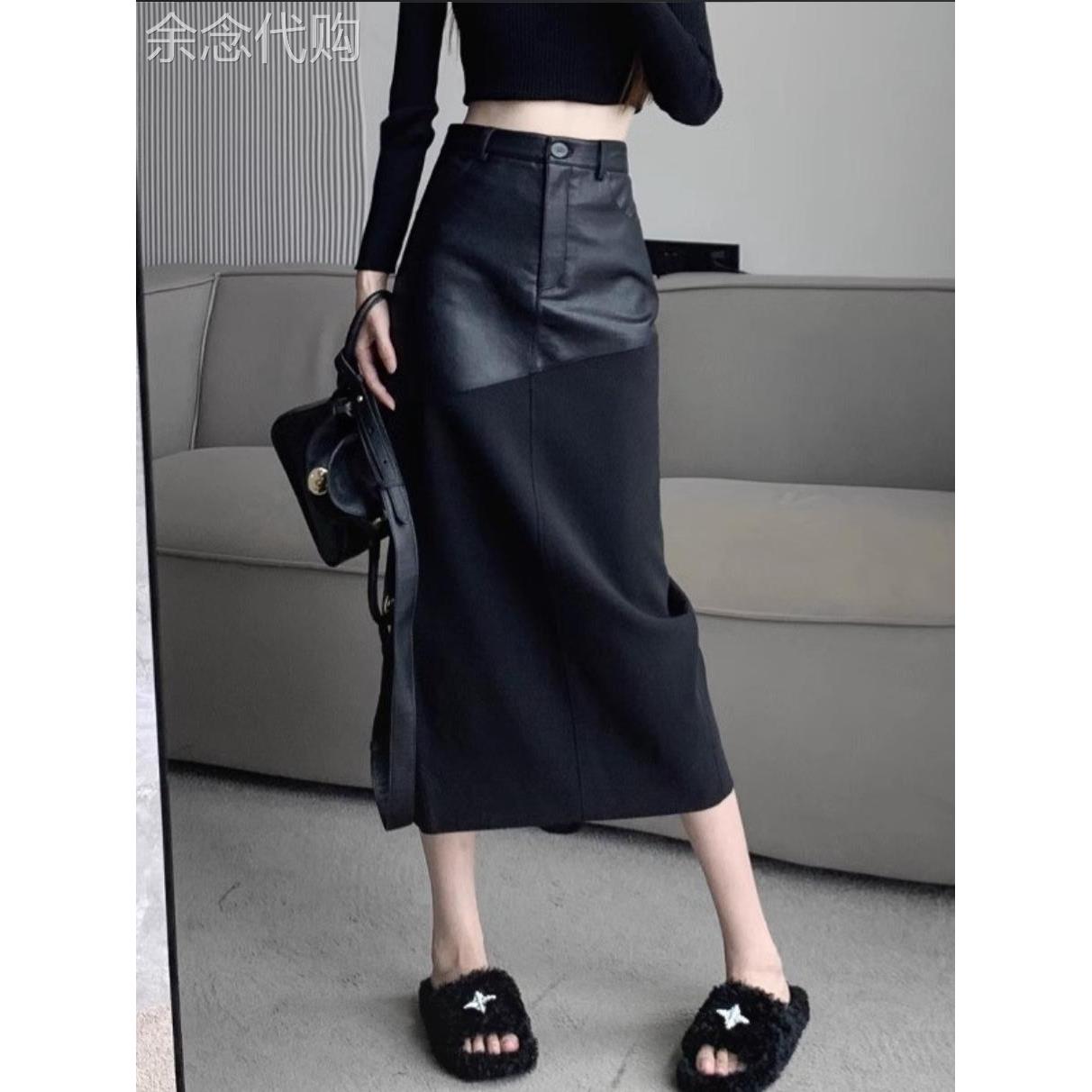 黑色半身裙女2025新款春秋a字高腰拼接设计感气质休闲中长款裙子