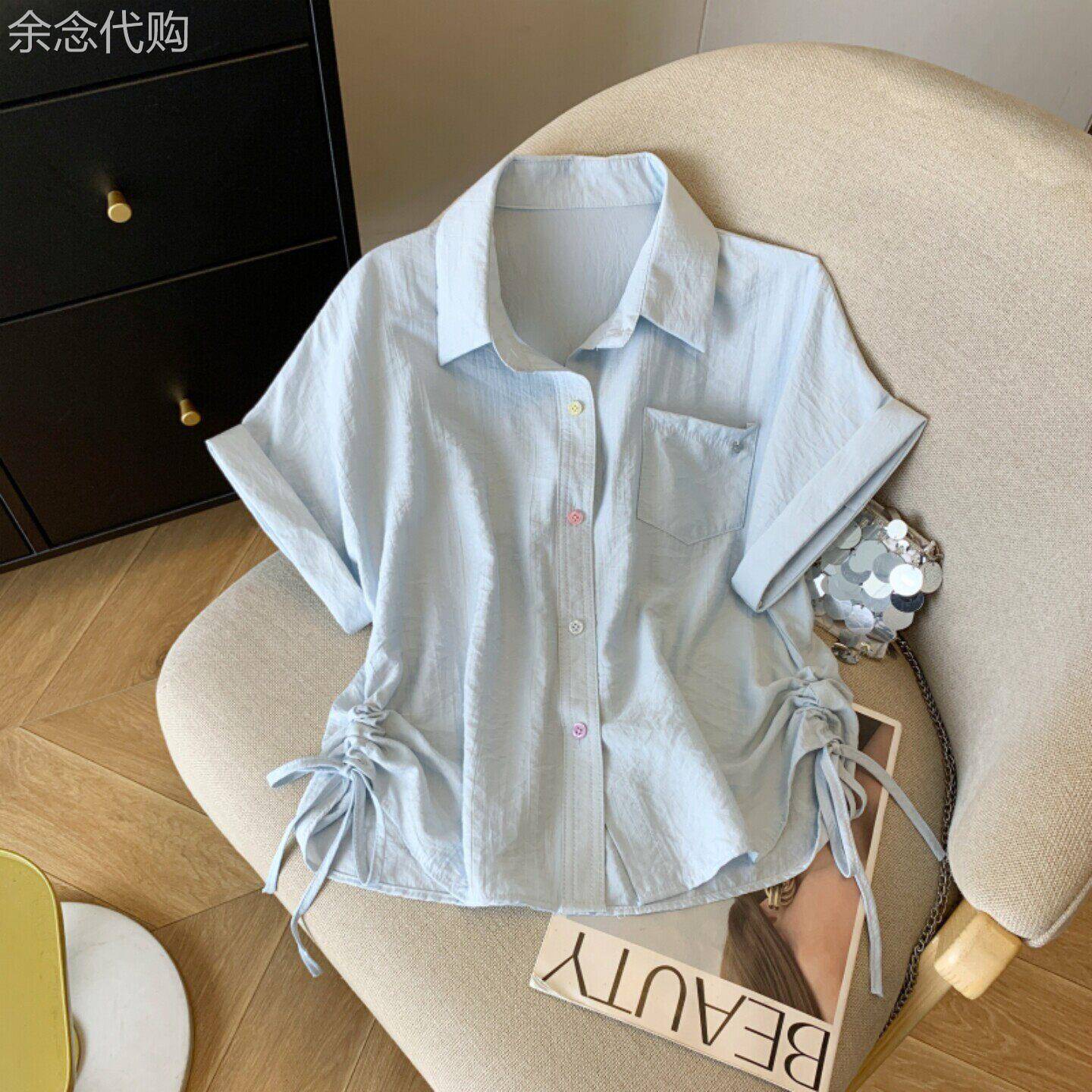 蓝色短袖衬衫女夏季2026新款设计感抽绳时尚洋派减龄大尺码短款上