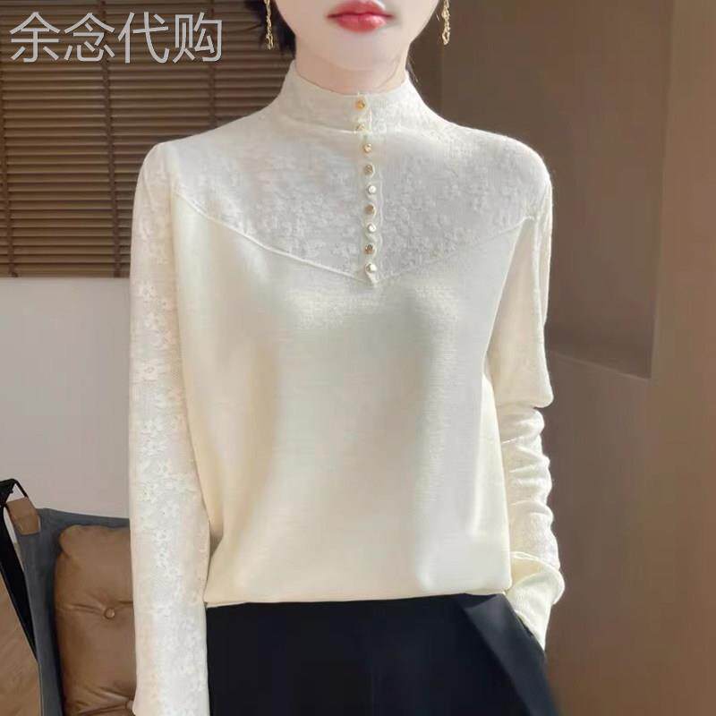 纽扣半高领针织打底衫女士秋冬欧货蕾丝拼接提花保暖洋气精纺毛衣