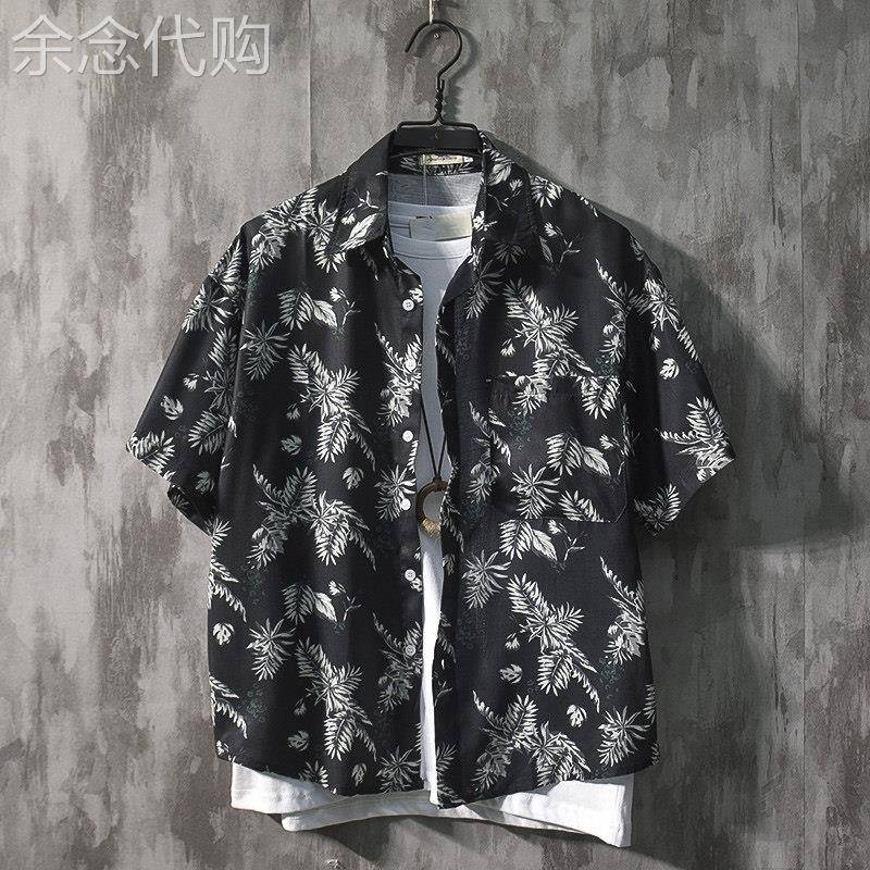 印花衬衫男潮牌夏季薄款港风复古潮流宽松短袖外套男休闲日系衬衣