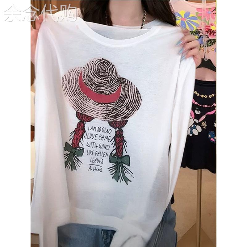 韩版圆领印花短款长袖防晒T恤女2026夏季新款欧货宽松显瘦罩衫潮