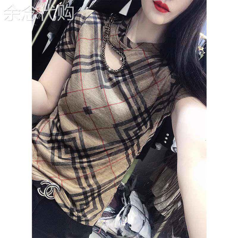 格子短袖T恤女2026夏季欧货时尚洋派性感镂空百搭修身半袖上衣潮