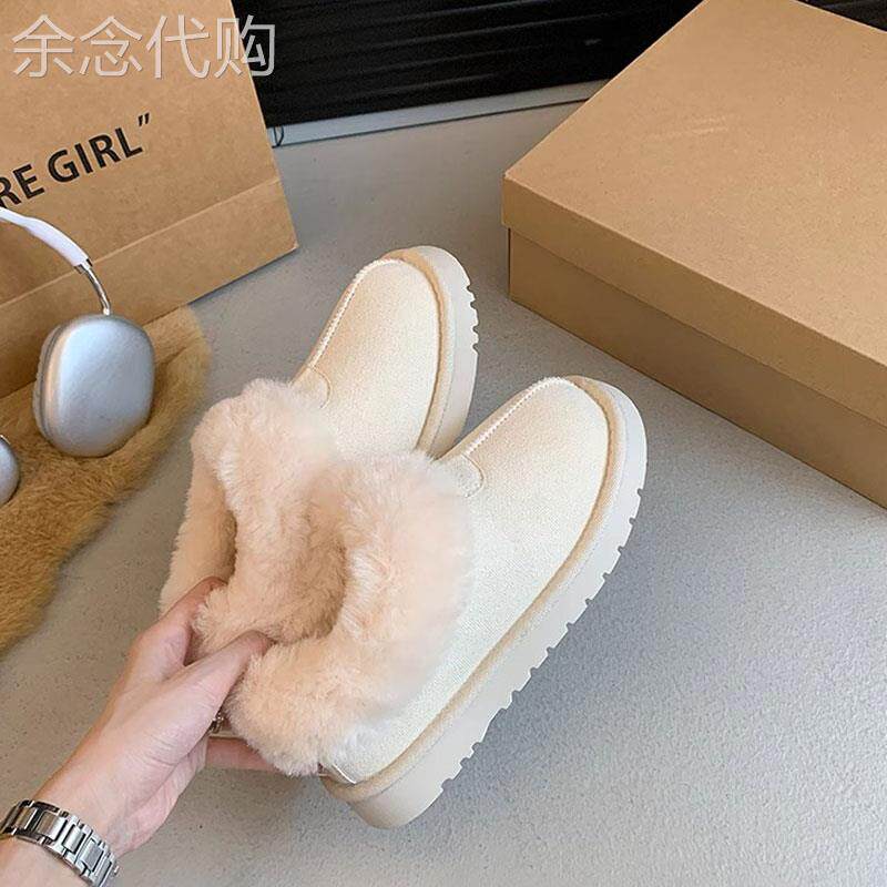 香港真皮毛一体白色雪地靴女2025新款冬季一脚蹬加绒保暖毛毛棉鞋