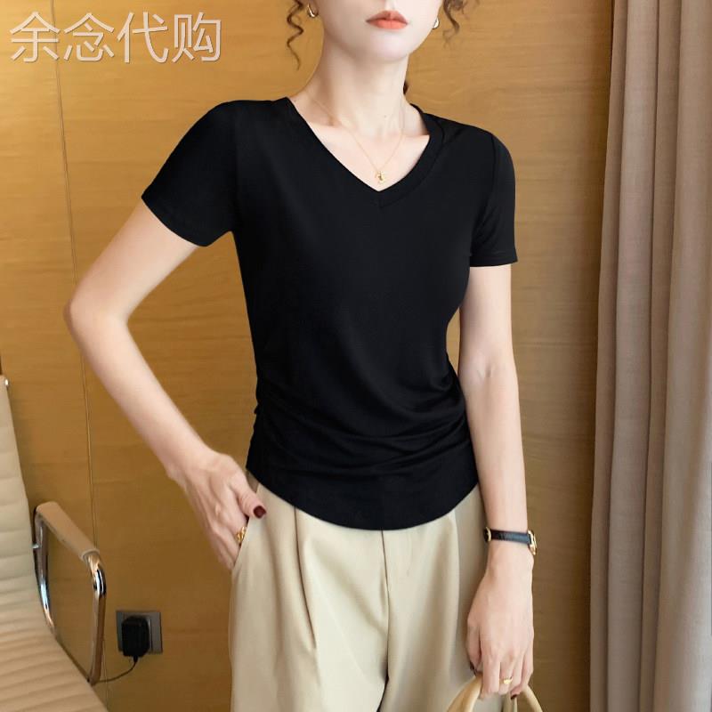 黑色莫代尔v领短袖t恤女夏季2026新款收腰遮肚子显瘦冰丝薄款上衣