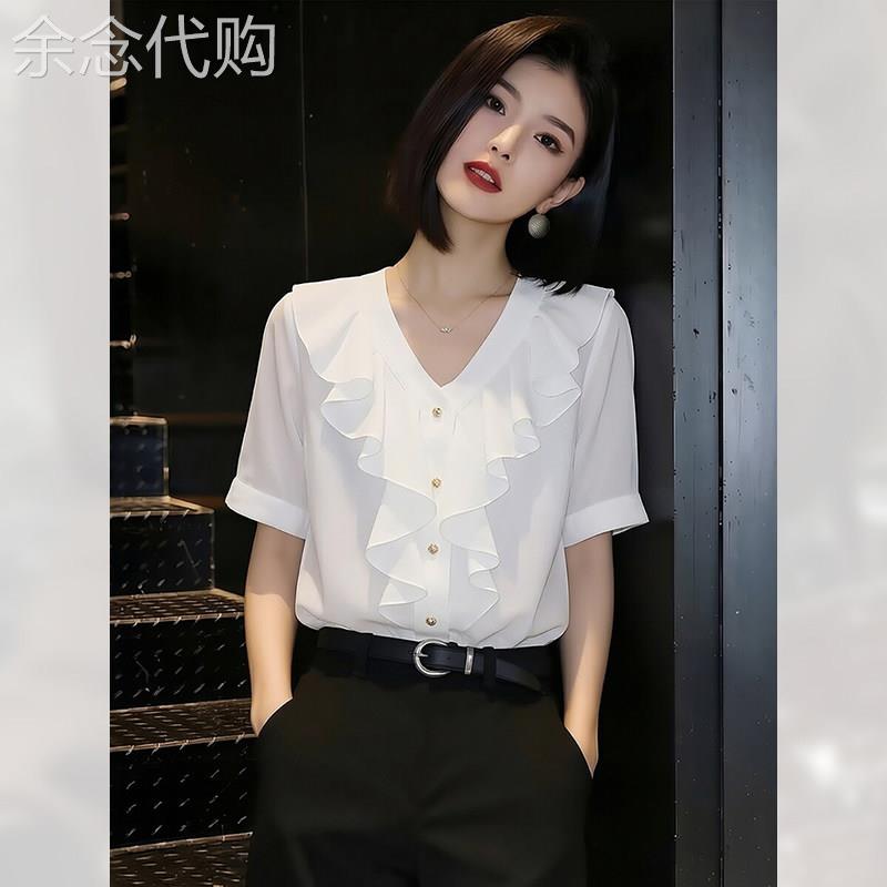 法式V领荷叶边短袖雪纺衫女夏季新款白色显瘦洋气气质上衣小个子