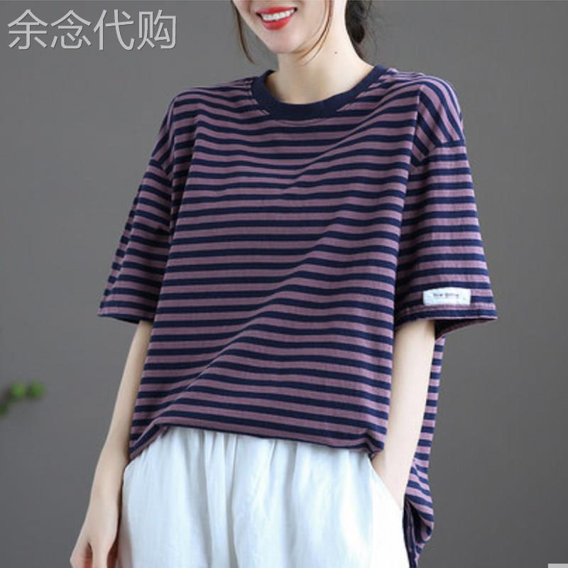 条纹短袖T恤女夏季2026新款圆领上衣服休闲大尺码宽松显瘦半袖T恤