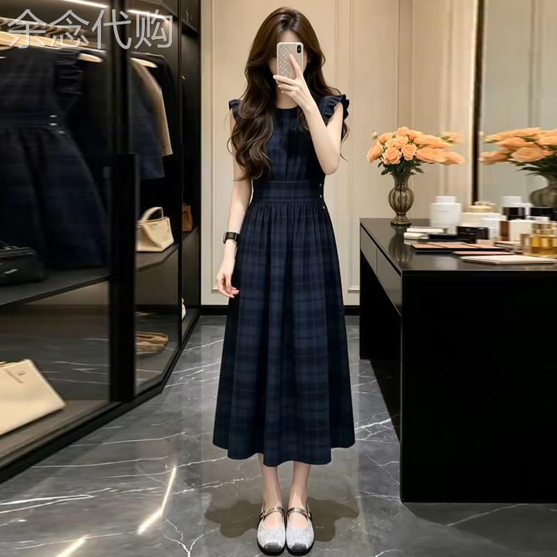 香港代购夏季复古格子连身裙女新款显瘦巨好看绝美收腰中长裙子潮