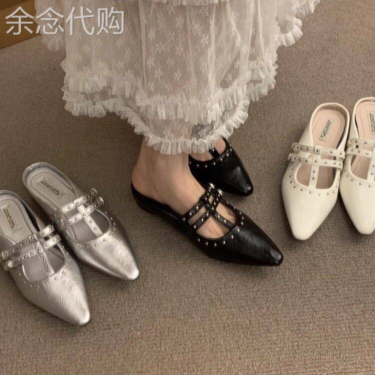 香港内增高包头半拖鞋外穿2025秋季新款尖头皮带扣银色单鞋女鞋子