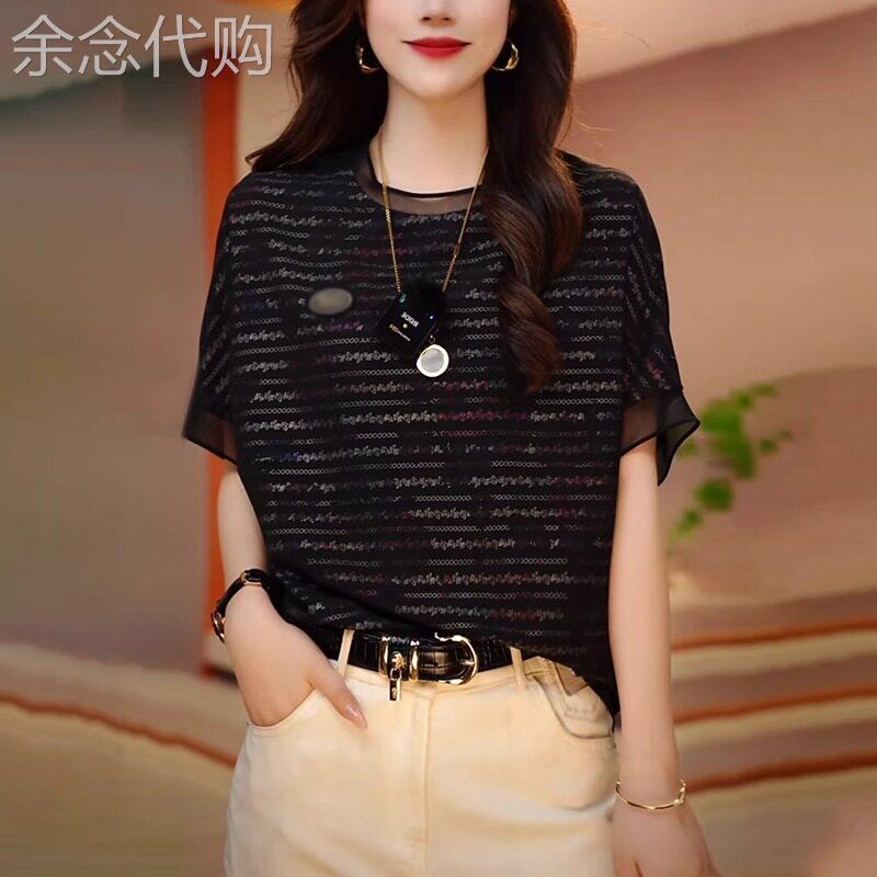 黑色雪纺短袖t恤女夏2026新款时尚亮丝网纱拼接宽松大码薄款上衣