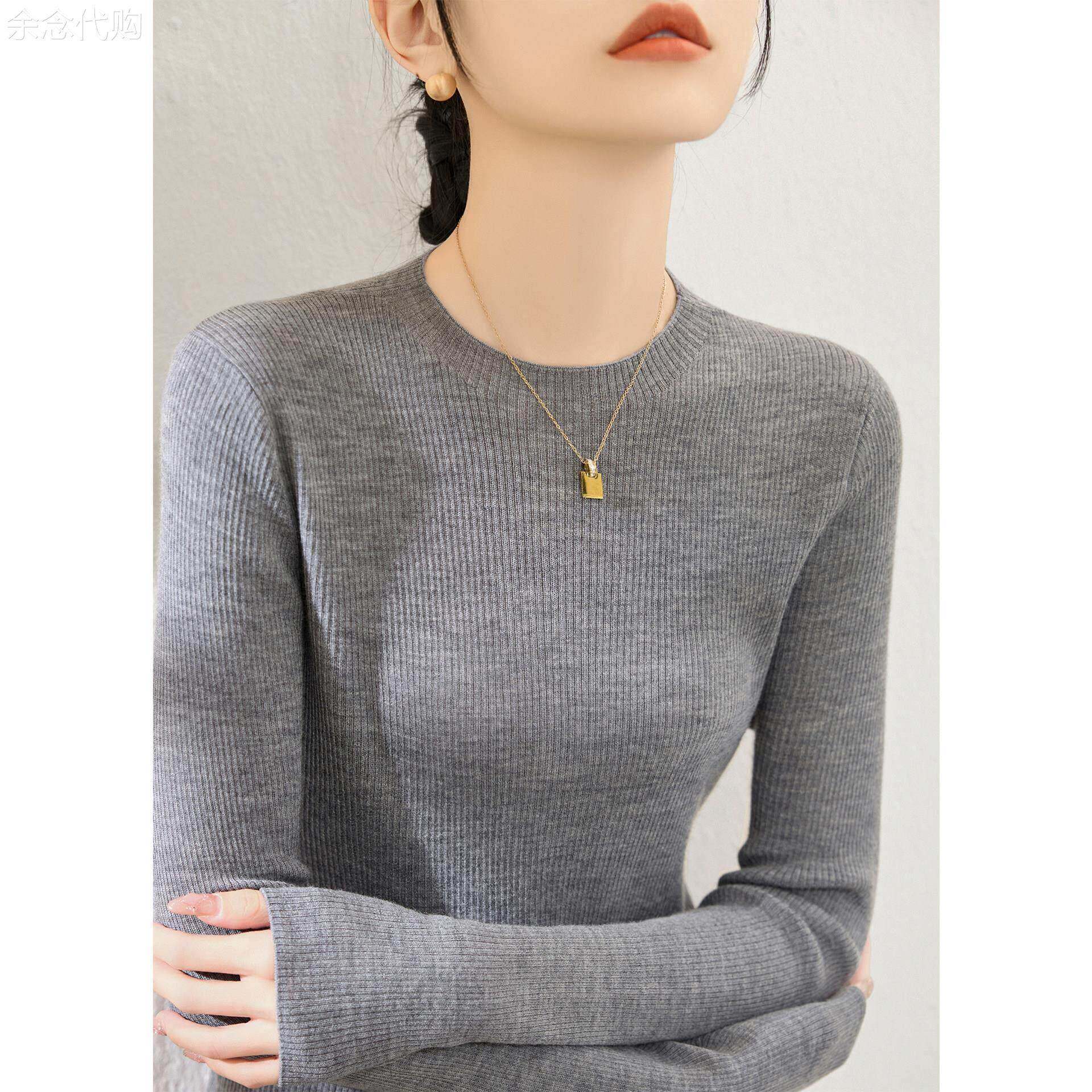 高级感灰色圆领毛衣女装秋季新款长袖修身打底针织衫气质百搭上衣
