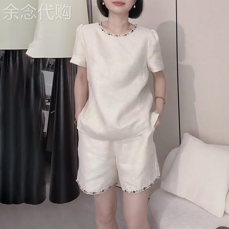 小香风时尚休闲重工钉珠套装女2026春季新款宽松显瘦短袖阔腿短裤