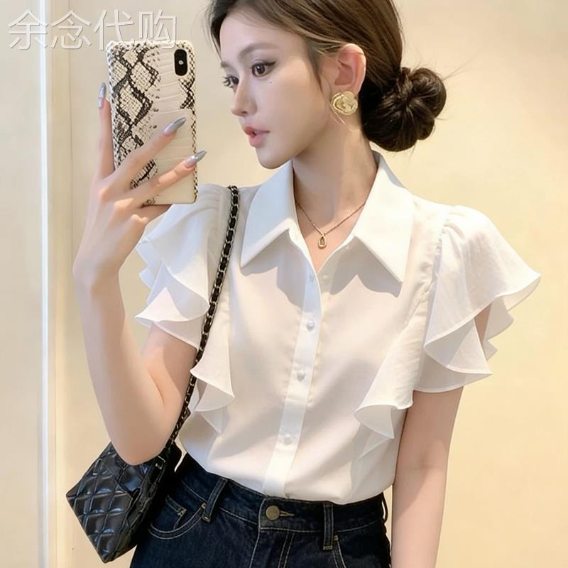 轻熟风荷叶边短袖衬衫女白色夏新款薄气质百搭设计感通勤雪纺衬衫