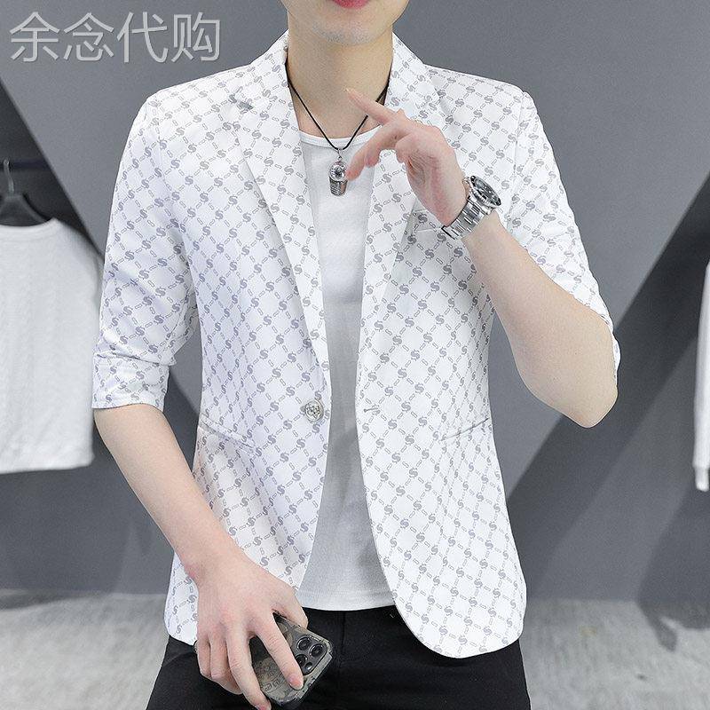 男士中袖西服夏季韩版潮流七分袖小西装短袖修身薄款休闲单西外套