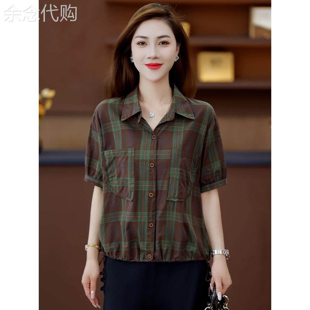格子短袖衬衫女装夏季2026新款韩版时尚宽松显瘦减龄小衫洋派上衣