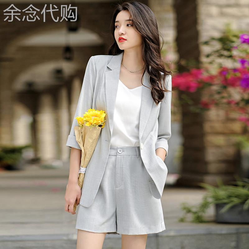潮牌洋派休闲小西装外套女夏季薄款短袖短裤职业套装西服职场正装
