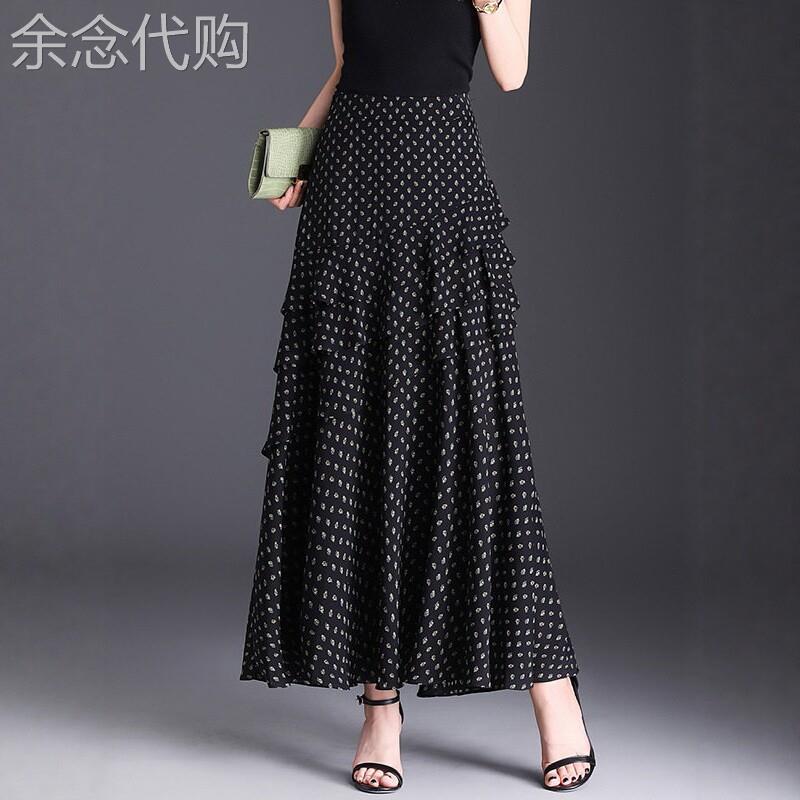 赫本风黑色碎花雪纺蛋糕裙半身裙不规则a字裙子女夏新款气质长裙