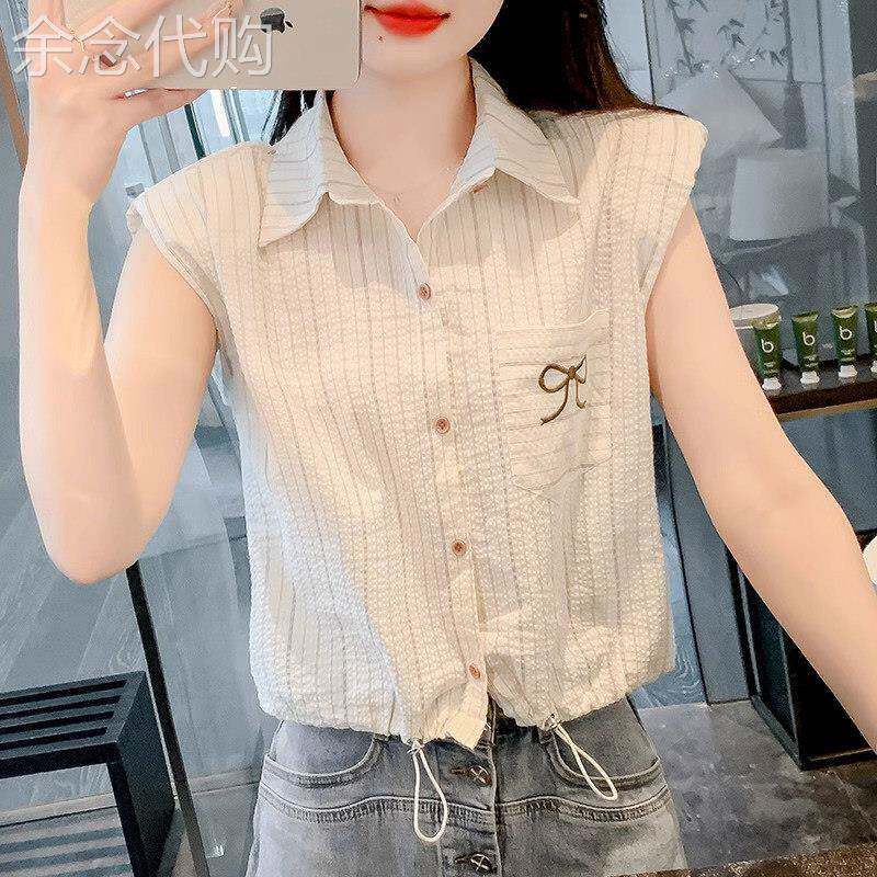 条纹雪纺衬衫女短袖夏季薄款2026新款减龄洋派小个子短款飞袖上衣
