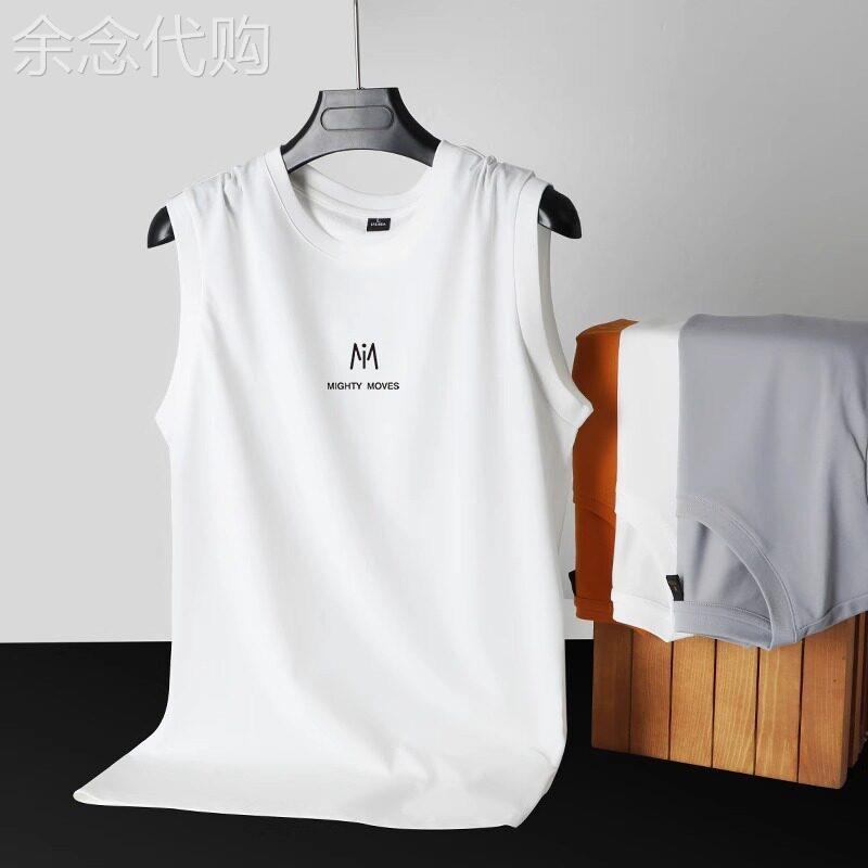 潮牌冰丝运动背心男款夏季薄款宽松无袖T恤男士白色外穿坎肩上衣