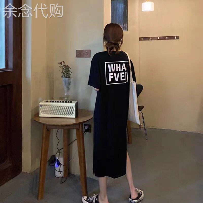 韩国气质纯棉t恤连衣裙女宽松字母印花开叉长裙夏季外穿懒人裙子