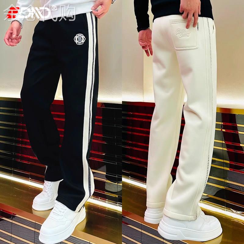 高端条纹休闲裤子男士夏季薄款2026新款欧货直筒男裤运动厚棉裤男