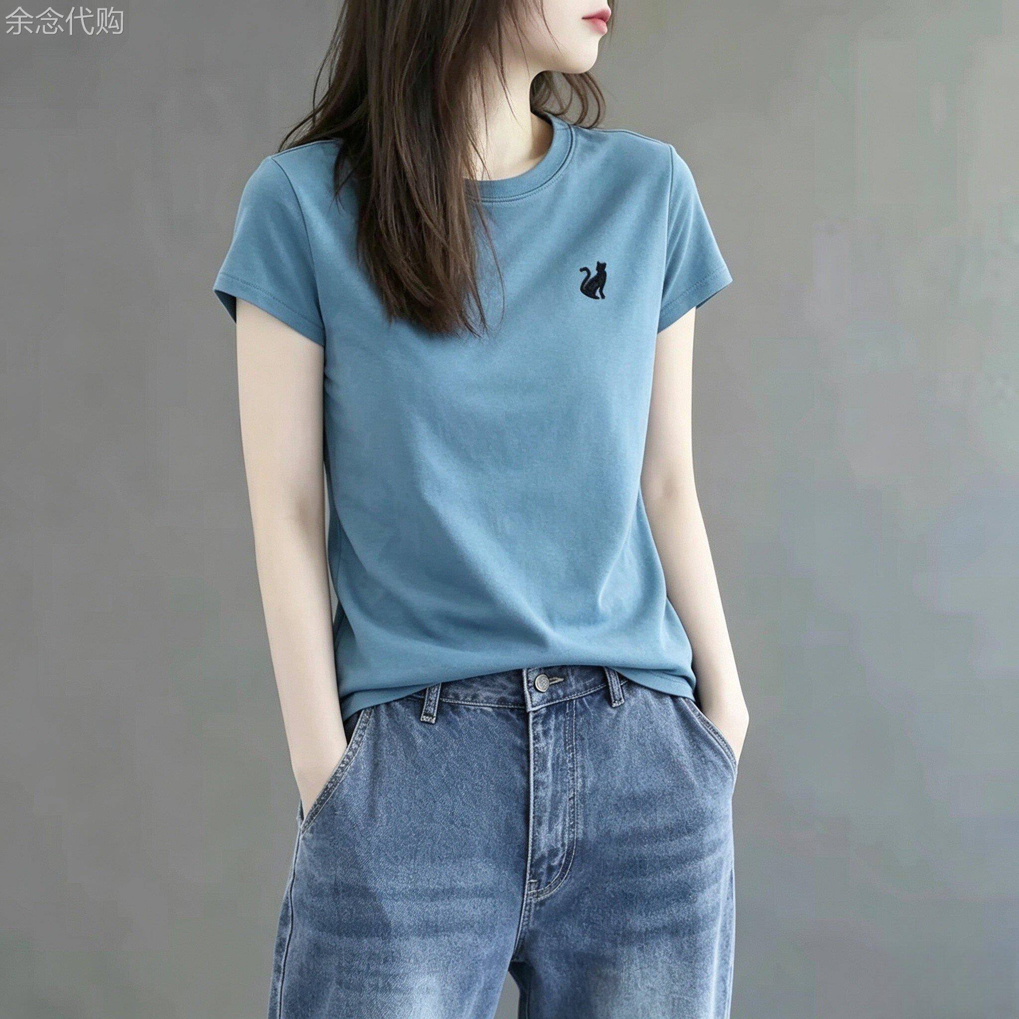 韩国夏季休闲时尚圆领正肩短袖T恤女新款宽松显瘦字母印花上衣棉