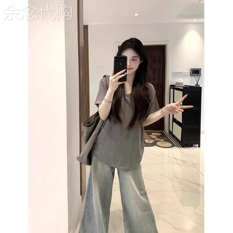 灰色v领正肩短袖t恤女夏季欧货新款小个子宽松韩版慵懒风半袖上衣