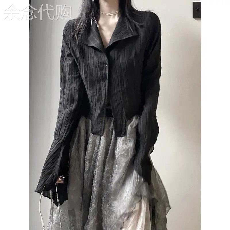 长袖衬衫女春秋2026新款设计感小众叠穿衬衫黑色洋派打底内搭上衣